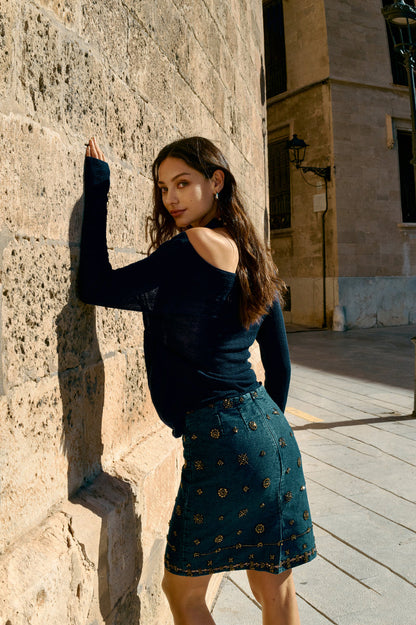Beaded denim skirt