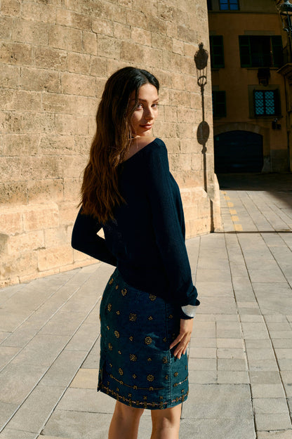 Beaded denim skirt