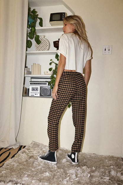 Bishop Tan Checkered Cropped Trousers styled in a complete look from an alternate angle.