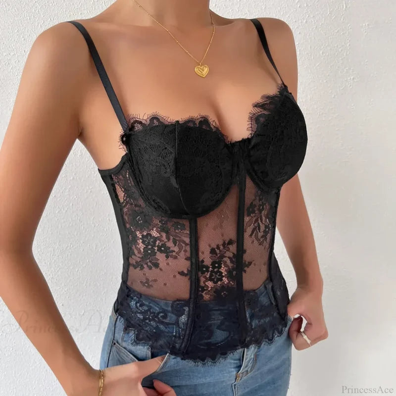Black Lace Eyelash See-through Fishbone Bustier croptop-250126