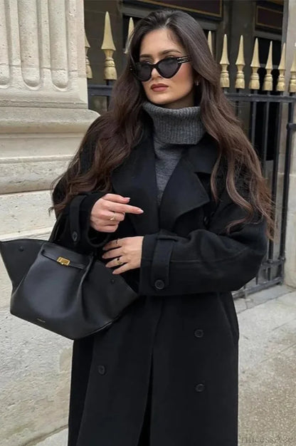 Black Loose Lapel Double-Breasted Overcoat Black / S