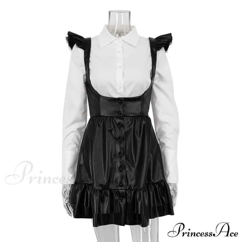 Black-White Contrast Long-Sleeve Skirt Suit Black / S