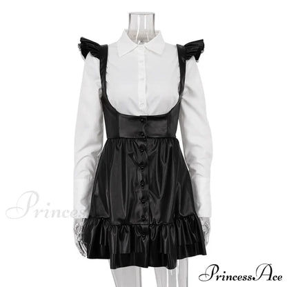 Black-White Contrast Long-Sleeve Skirt Suit Black / S