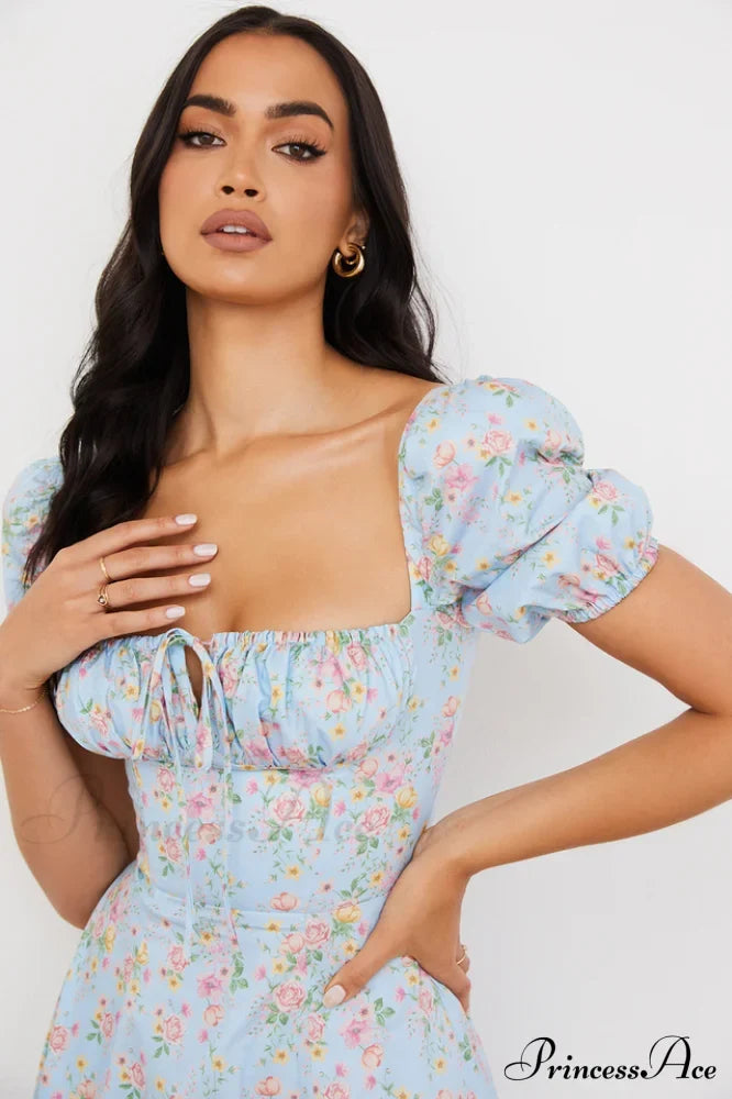 Blue And Pink Charming Vintage Print Midi Skirt
