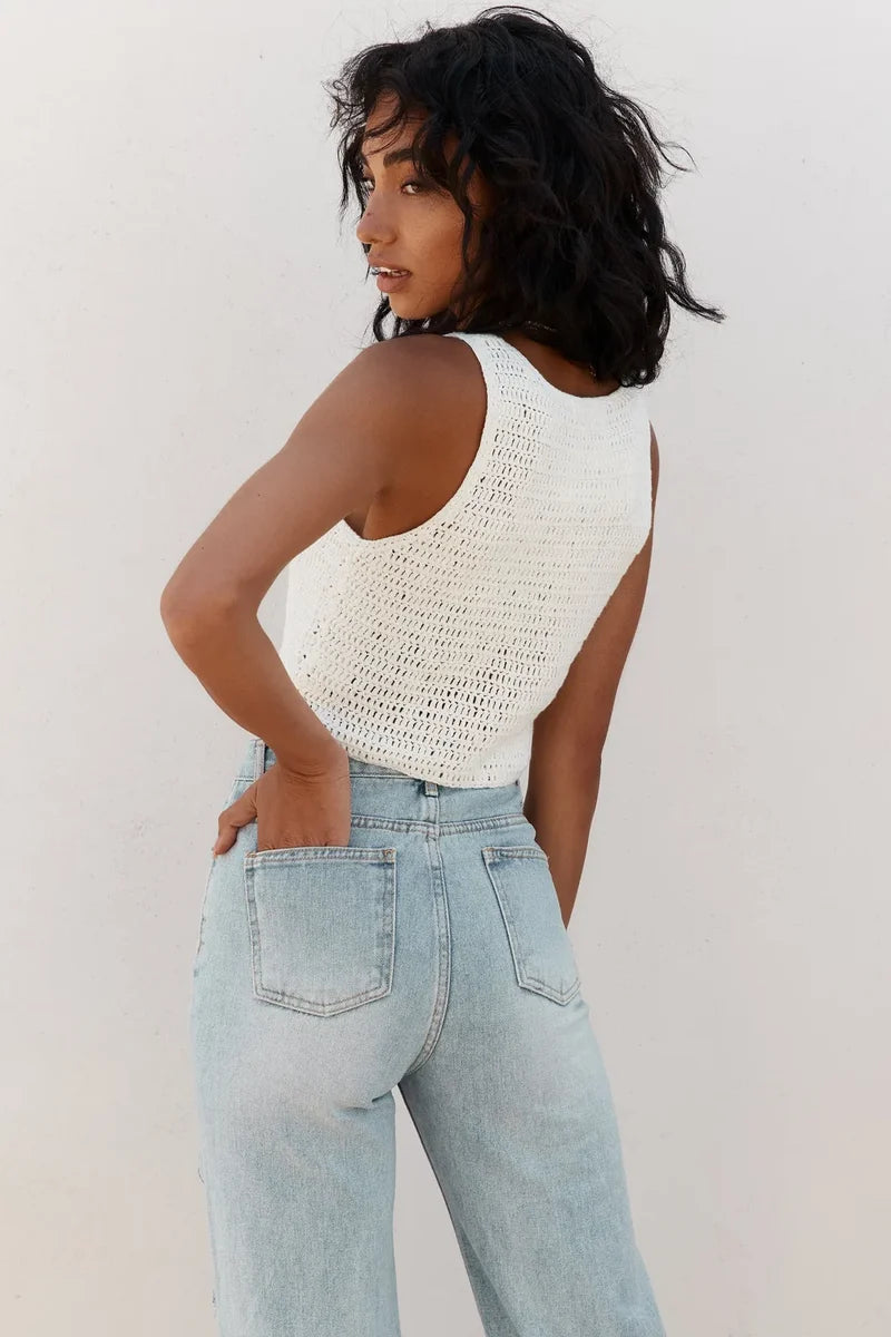 Bogota White Crochet Open Knit Tank