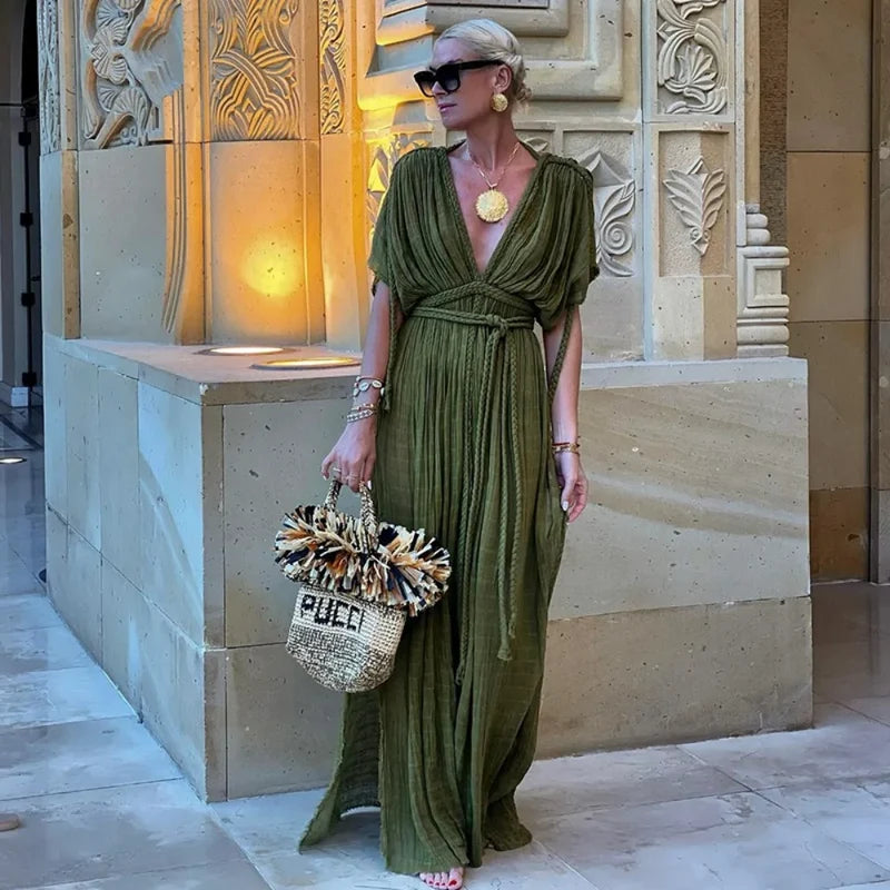 Bohemia Holiday Dress Elegant Solid Casual Loose Long Dresses Summer Christmas Party Dresses-L
