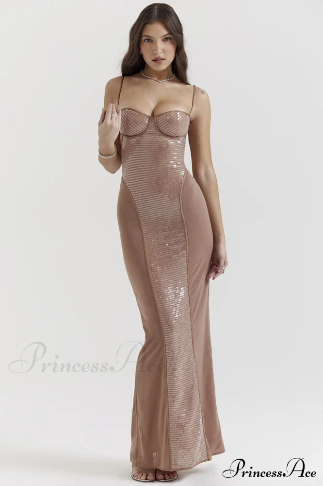 Bonita Brown Stylish Sequined Maxi Dress