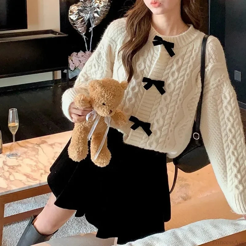 Bow Sweater Autumn Winter Knit Cardigan Cardigan-241208