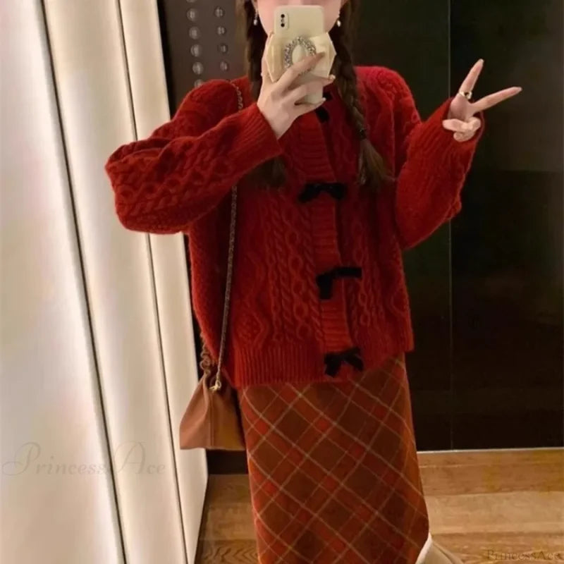 Bow Sweater Autumn Winter Knit Cardigan Cardigan-241208