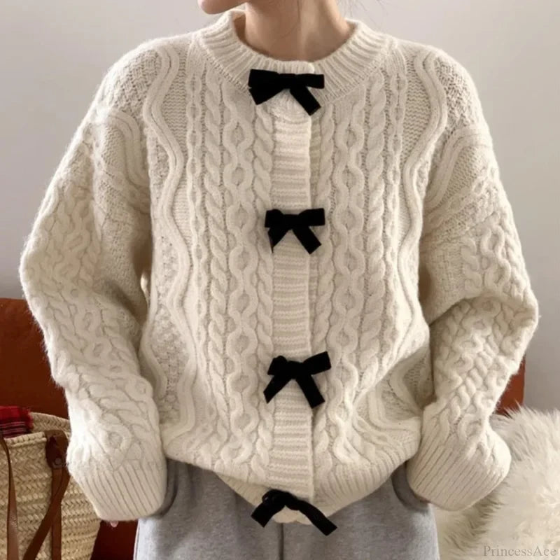 Bow Sweater Autumn Winter Knit Cardigan Beige / One Size Cardigan-241208