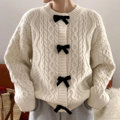 Bow Sweater Autumn Winter Knit Cardigan Beige / One Size Cardigan-241208