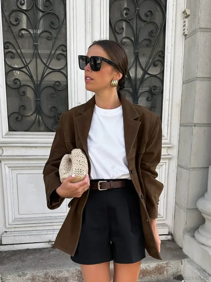 Brown Double Pocket Blazer Short Coat