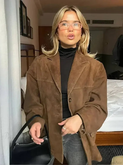 Brown Double Pocket Blazer Short Coat