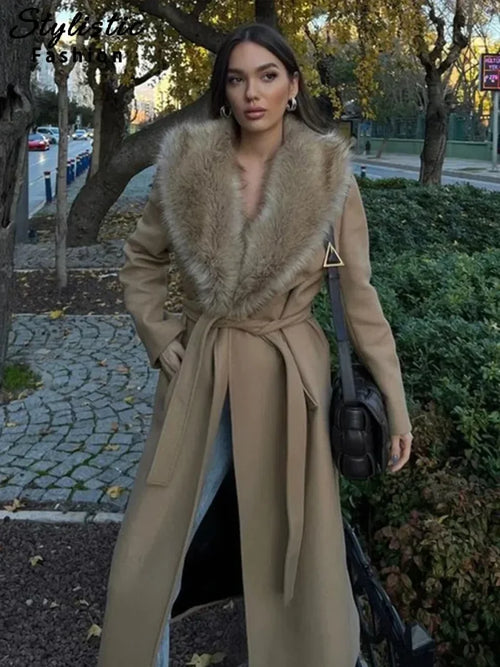 Brown Fluffy Faux Fur Casual Overcoat khaki / S