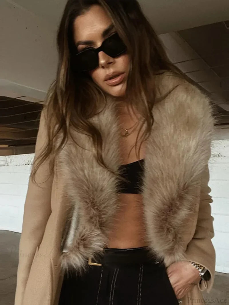 Brown Fluffy Faux Fur Casual Overcoat