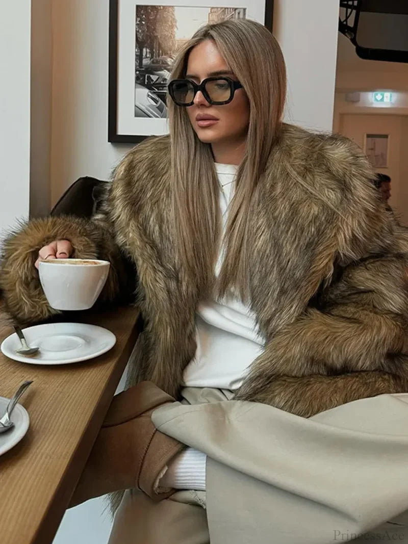 Brown Oversized Plush Furry Lapel Coat