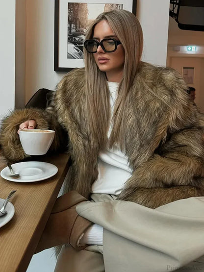 Brown Oversized Plush Furry Lapel Coat