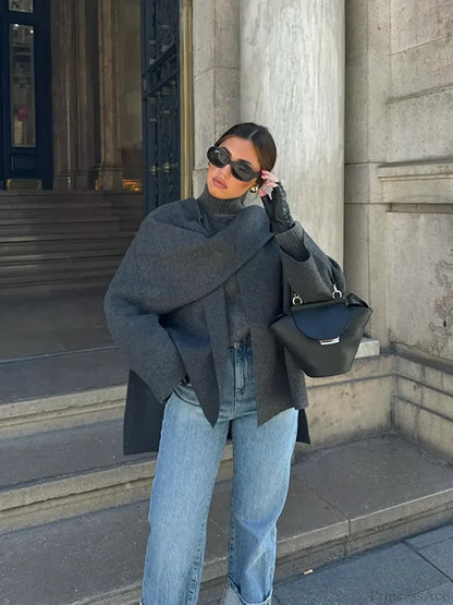 Burgundy Knit Jacket with Scarf Coat Grey / S
