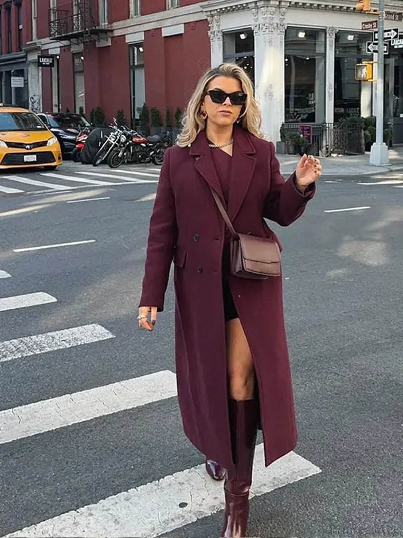 Burgundy Lapel Wool Blends Long Coat