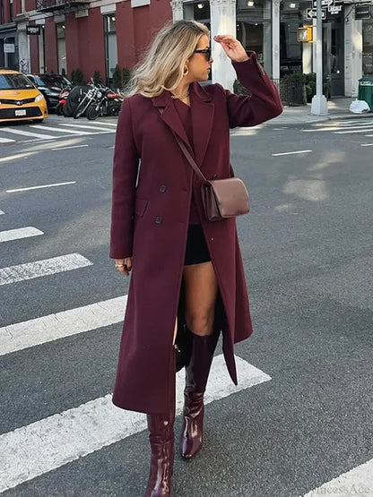 Burgundy Lapel Wool Blends Long Coat