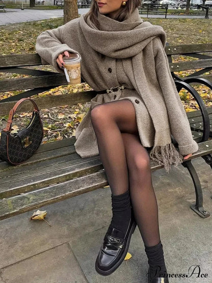 Button Down Pocket Coat Modern With Matching Tassel Scarf Sweaters-L