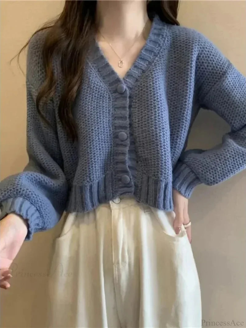 Button-Up V-Neck Sweet Casual Knit Cardigan Blue / One Size cardiagn-250126