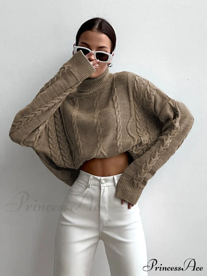 Cable Knit Graceful Turtleneck Oversized Sweater Khaki / Xs Sweaters-L