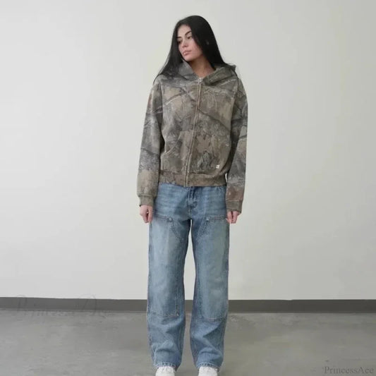 Camo Zipper Streetwear Hoodie brown / S