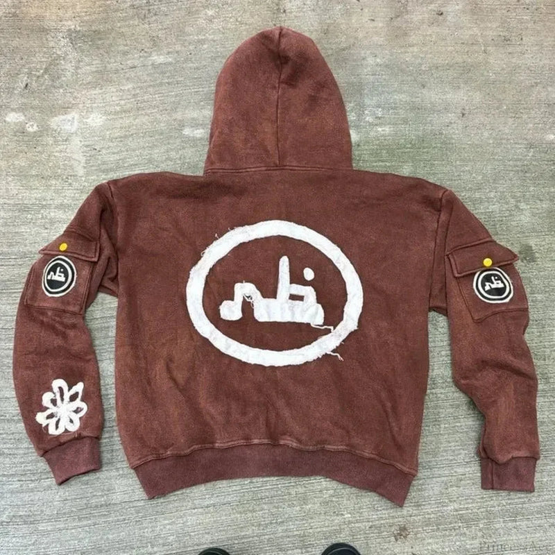 Cartoon Pattern Zipper Hoodie brown 1 / M