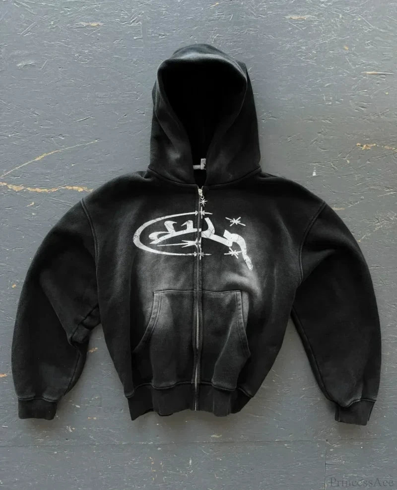 Cartoon Pattern Zipper Hoodie black 2 / M
