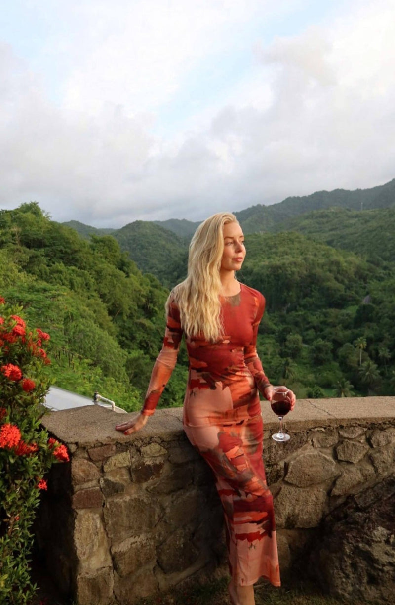 Casanova Printed Mesh Maxi Dress styled in a complete look from an alternate angle.