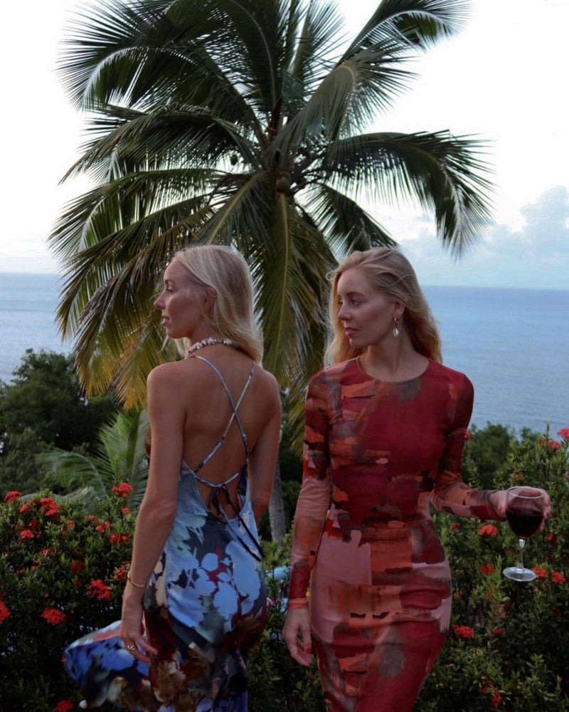 Detail shot of the Casanova Printed Mesh Maxi Dress highlighting the mesh elements.