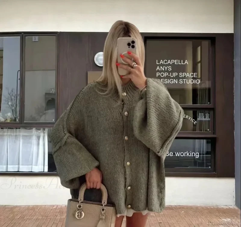 Casual Cozy Loose O-Neck Elegant Solid Comfortable Lantern Sleeve Stylish Sweater Green / S