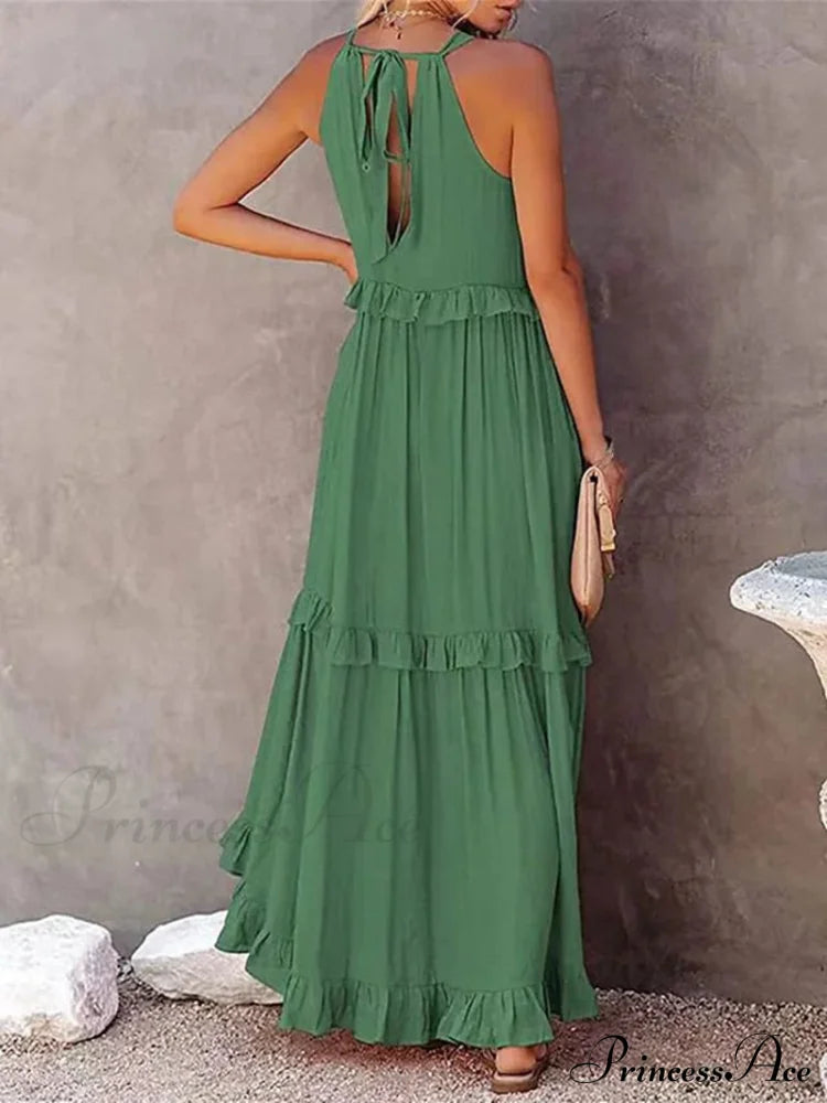 Casual Elegant Ruffle Halter Sleeveless Classic Female Party Outfits Beach Maxi Dress