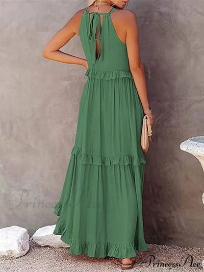 Casual Elegant Ruffle Halter Sleeveless Classic Female Party Outfits Beach Maxi Dress