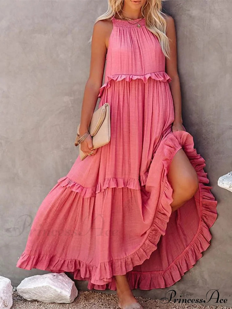 Casual Elegant Ruffle Halter Sleeveless Classic Female Party Outfits Beach Maxi Dress