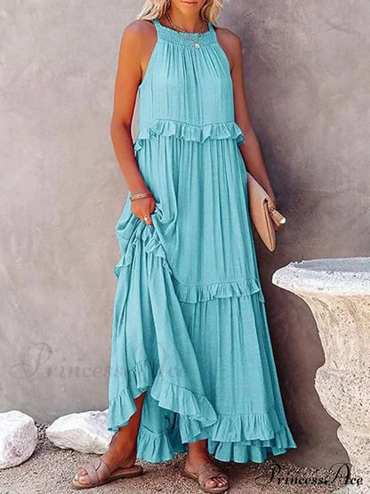 Casual Elegant Ruffle Halter Sleeveless Classic Female Party Outfits Beach Maxi Dress Blue / S