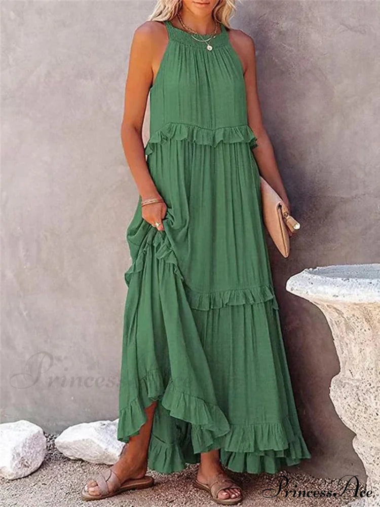 Casual Elegant Ruffle Halter Sleeveless Classic Female Party Outfits Beach Maxi Dress Green / S