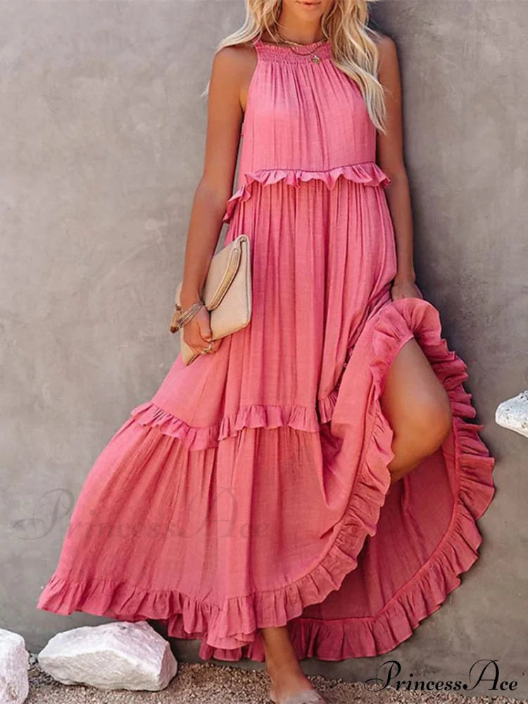 Casual Elegant Ruffle Halter Sleeveless Classic Female Party Outfits Beach Maxi Dress Pink / S