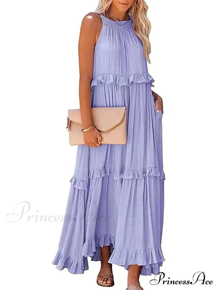 Casual Elegant Ruffle Halter Sleeveless Classic Female Party Outfits Beach Maxi Dress Purple / S