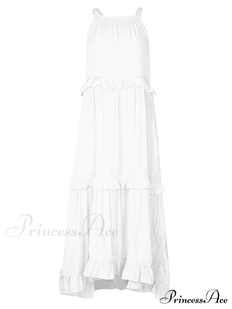 Casual Elegant Ruffle Halter Sleeveless Classic Female Party Outfits Beach Maxi Dress White / S
