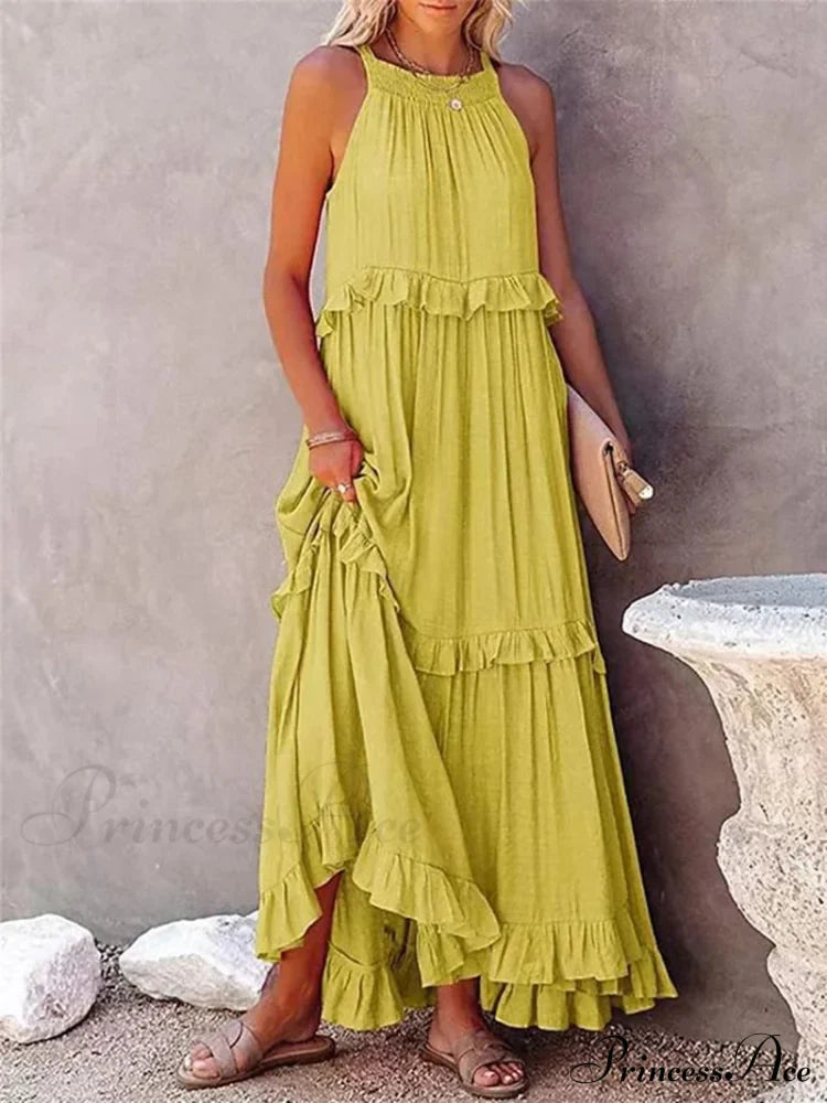 Casual Elegant Ruffle Halter Sleeveless Classic Female Party Outfits Beach Maxi Dress Yellow / S