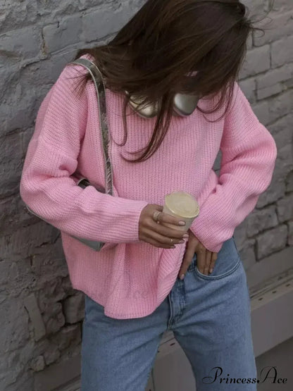 Casual Elegant Striped Cozy Oversize Autumnal Gray Fashionable Sweater Pink / S Sweaters-L