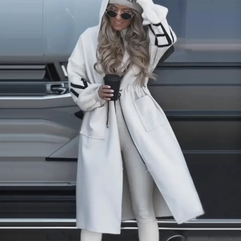 Casual Long Patchwork Lace-Up Overcoat WHITE / S