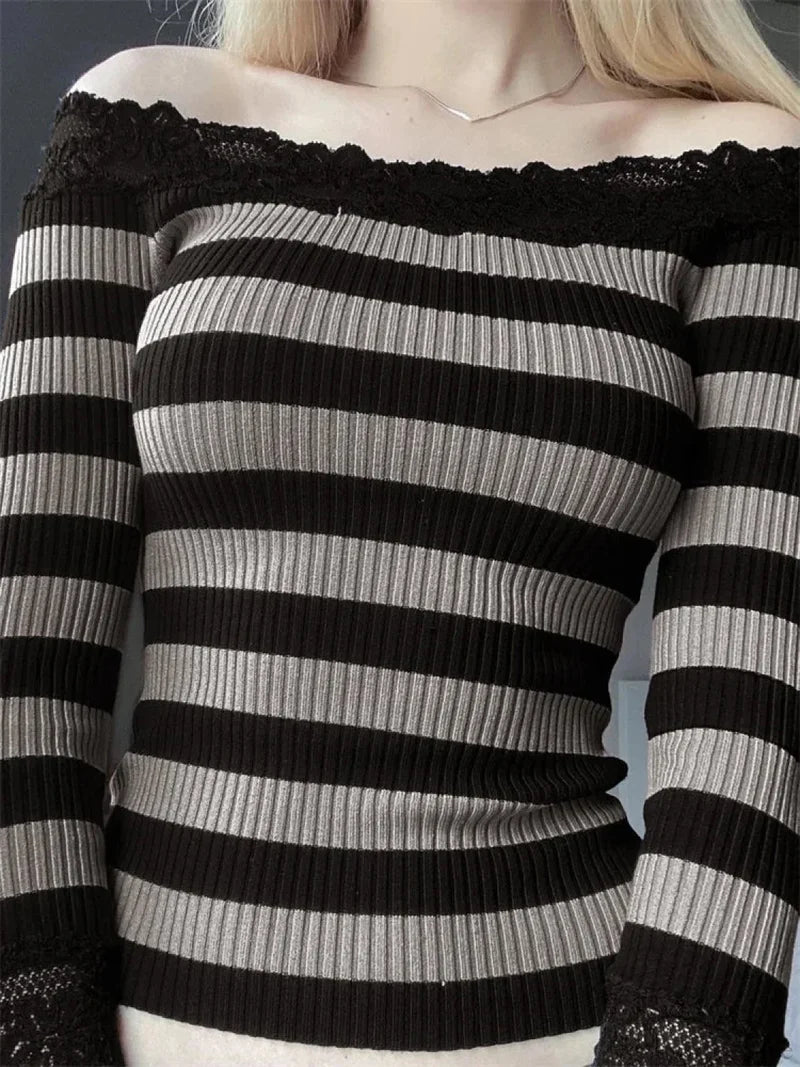 Casual Long Sleeve Retro Striped Off-Shoulder T-Shirts Sweaters-L