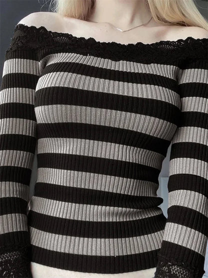 Casual Long Sleeve Retro Striped Off-Shoulder T-Shirts Sweaters-L