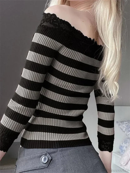 Casual Long Sleeve Retro Striped Off-Shoulder T-Shirts Sweaters-L