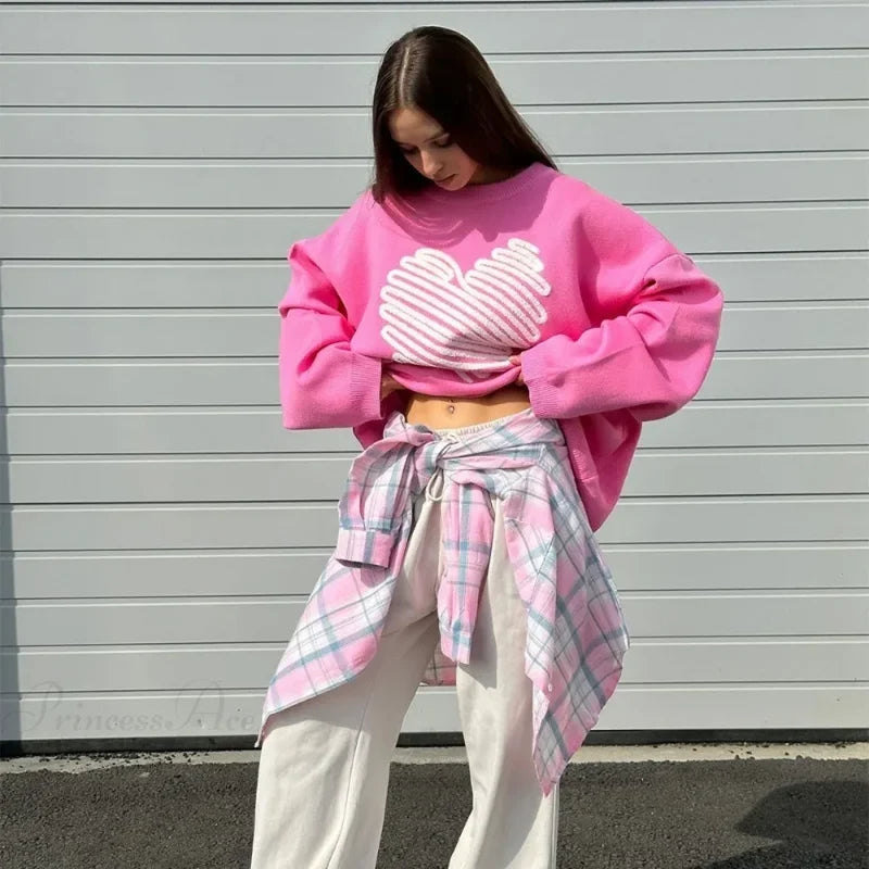 Casual Love Print O-neck Long Sleeve Sweater Pink / S