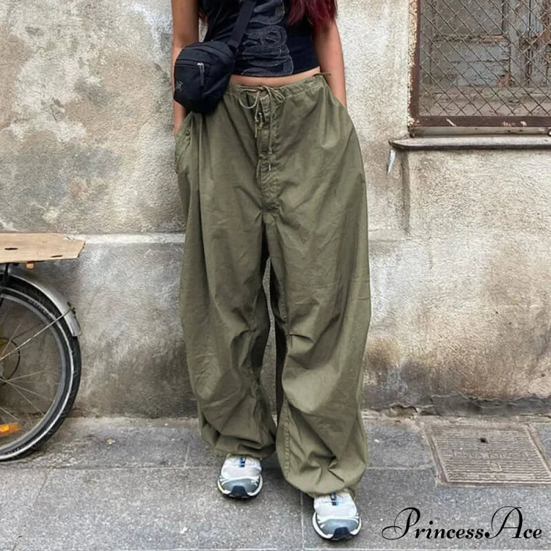 Casual Low Waist Ruched Trim Classic Baggy Cargo Pants - Brown S / Green Pants