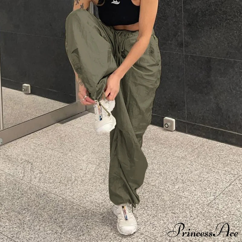 Casual Low Waist Ruched Trim Classic Baggy Cargo Pants - Brown M / Green Pants